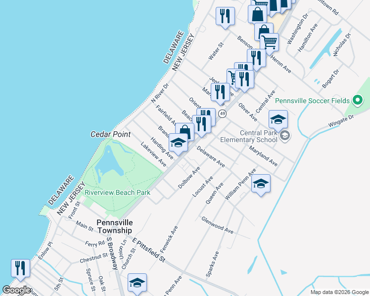 map of restaurants, bars, coffee shops, grocery stores, and more near 98 North Broadway in Pennsville