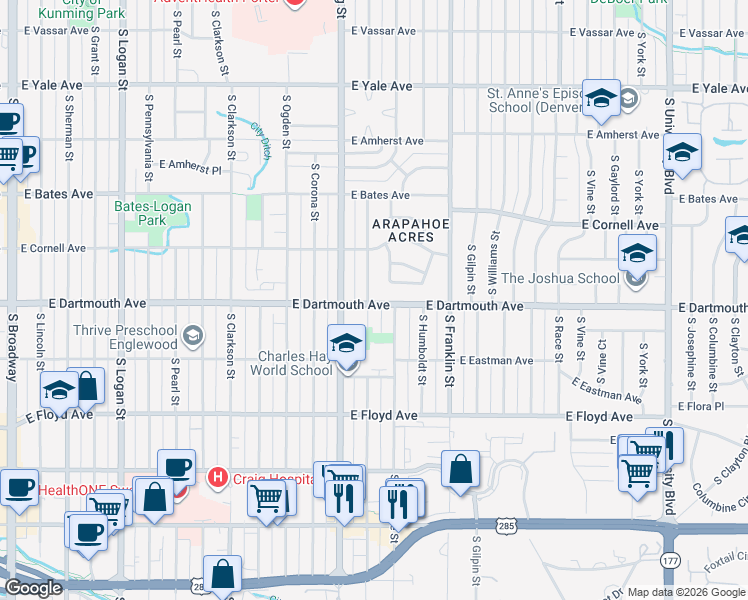 map of restaurants, bars, coffee shops, grocery stores, and more near 3125 South Lafayette Street in Englewood