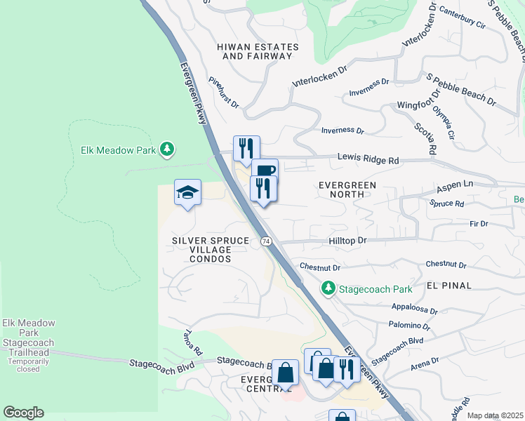 map of restaurants, bars, coffee shops, grocery stores, and more near 2982 Evergreen Parkway in Evergreen