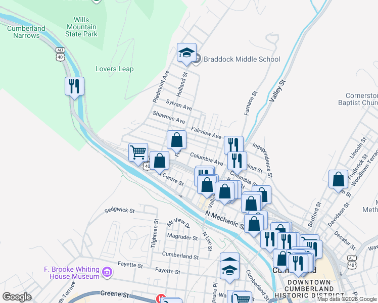 map of restaurants, bars, coffee shops, grocery stores, and more near 618 Columbia Avenue in Cumberland
