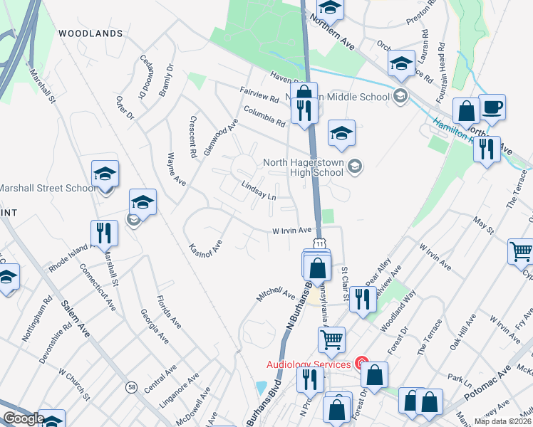 map of restaurants, bars, coffee shops, grocery stores, and more near 1021 Lindsay Lane in Hagerstown