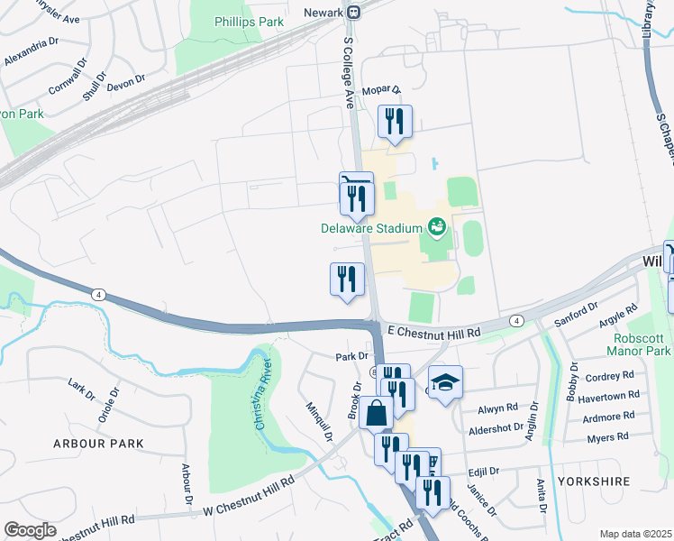 map of restaurants, bars, coffee shops, grocery stores, and more near 640 South College Avenue in Newark