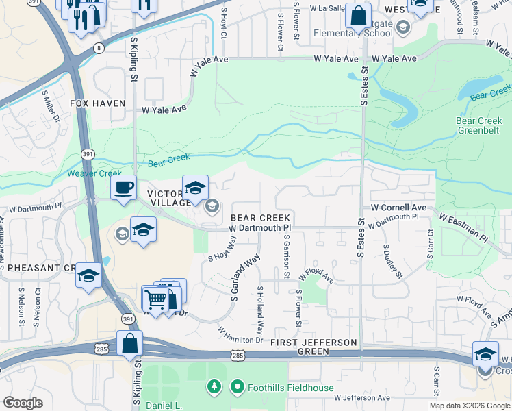 map of restaurants, bars, coffee shops, grocery stores, and more near 3087 South Garland Court in Lakewood