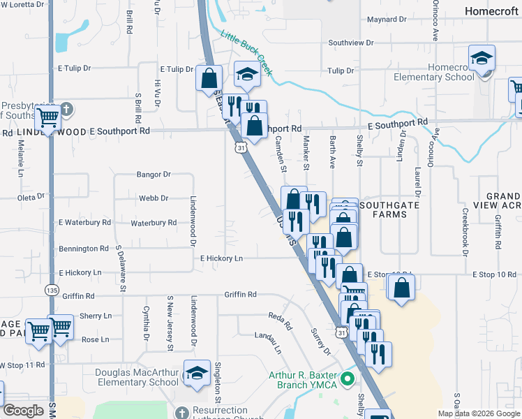 map of restaurants, bars, coffee shops, grocery stores, and more near 7212 U.S. 31 South in Indianapolis