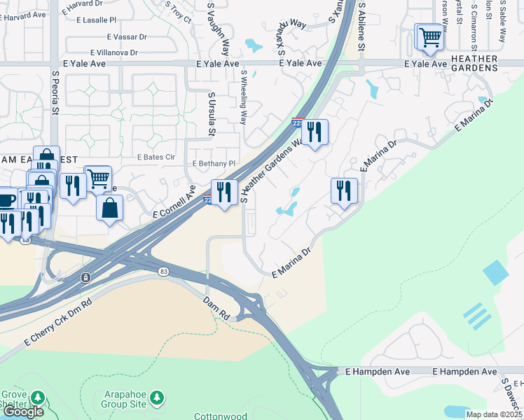 map of restaurants, bars, coffee shops, grocery stores, and more near 3124 South Wheeling Way in Aurora