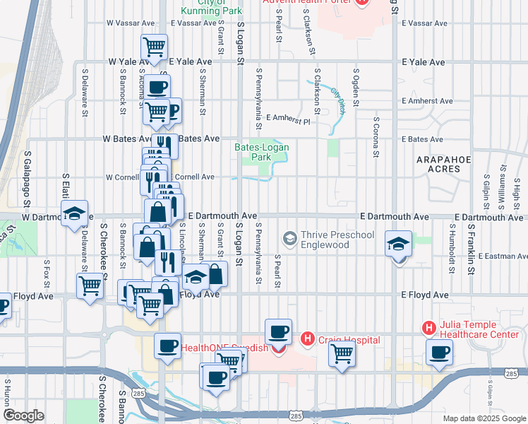 map of restaurants, bars, coffee shops, grocery stores, and more near 3115 South Pennsylvania Street in Englewood