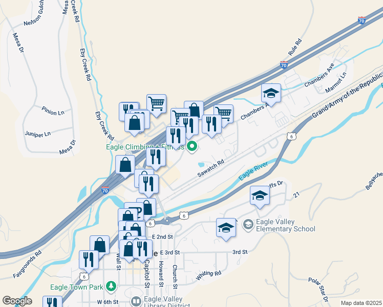 map of restaurants, bars, coffee shops, grocery stores, and more near 700 Chambers Avenue in Eagle