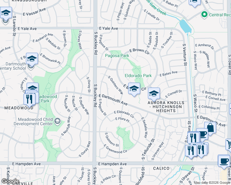 map of restaurants, bars, coffee shops, grocery stores, and more near 3099 South Quintero Street in Aurora