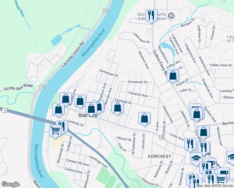 map of restaurants, bars, coffee shops, grocery stores, and more near 477 Kensington Avenue in Morgantown