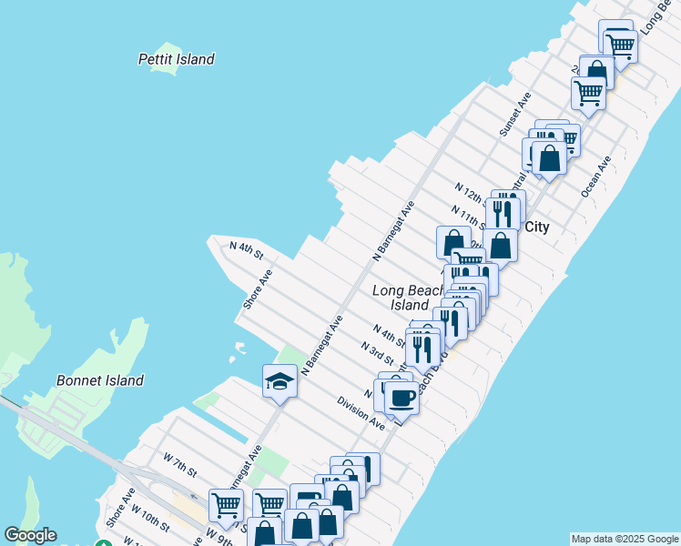 map of restaurants, bars, coffee shops, grocery stores, and more near 300 North 5th Street in Surf City