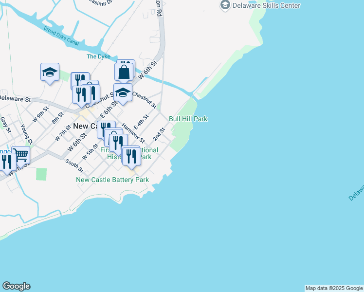 map of restaurants, bars, coffee shops, grocery stores, and more near 111 The Strand in New Castle