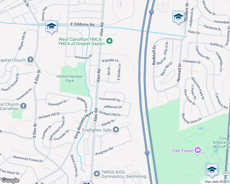 map of restaurants, bars, coffee shops, grocery stores, and more near 346 Ellenwood Drive in Dayton
