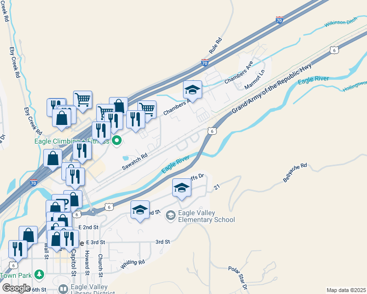 map of restaurants, bars, coffee shops, grocery stores, and more near 48 Chelsea Court in Eagle