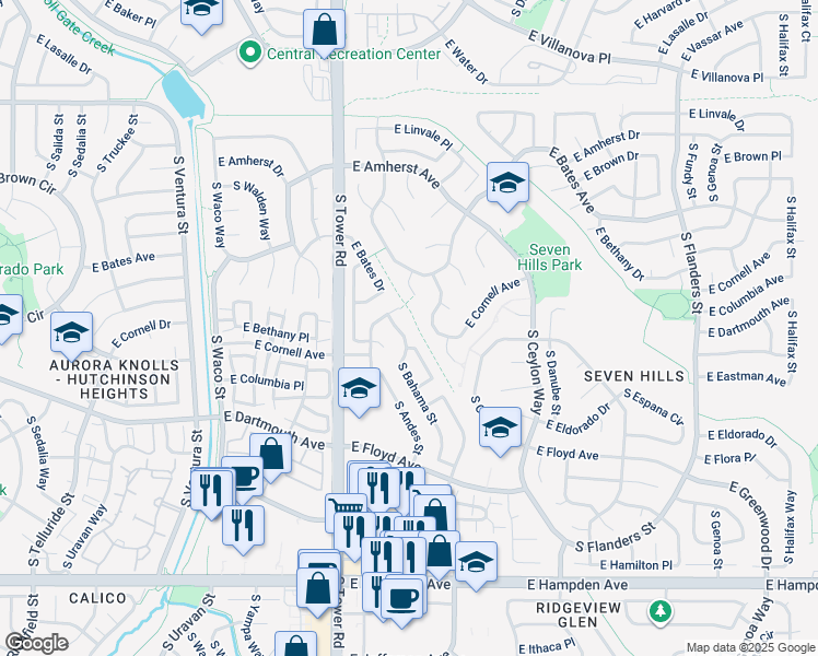 map of restaurants, bars, coffee shops, grocery stores, and more near 3022 South Biscay Circle in Aurora