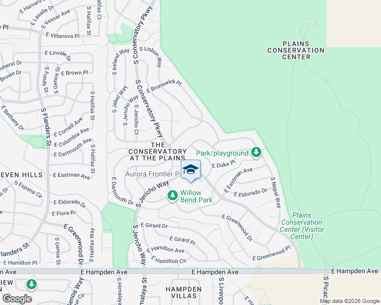 map of restaurants, bars, coffee shops, grocery stores, and more near 20661 East Duke Place in Aurora