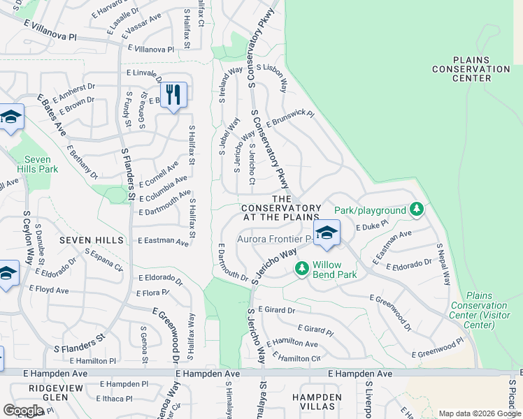map of restaurants, bars, coffee shops, grocery stores, and more near 20329 East Doane Drive in Aurora