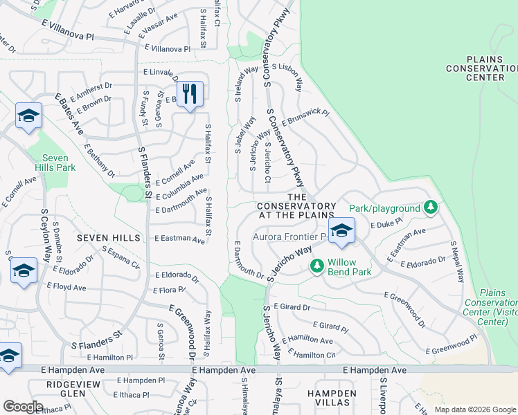 map of restaurants, bars, coffee shops, grocery stores, and more near 20329 East Doane Drive in Aurora