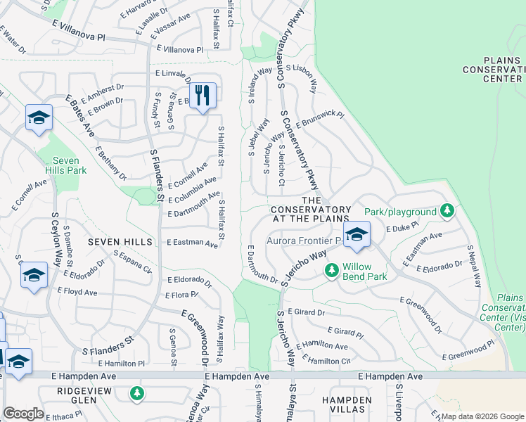 map of restaurants, bars, coffee shops, grocery stores, and more near 20208 East Dartmouth Drive in Aurora