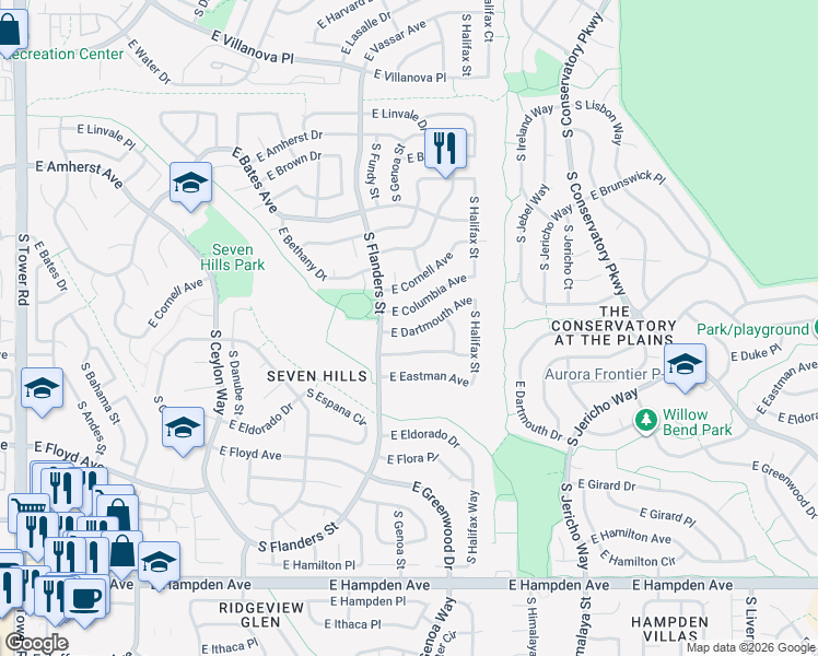 map of restaurants, bars, coffee shops, grocery stores, and more near 19731 East Dartmouth Place in Aurora