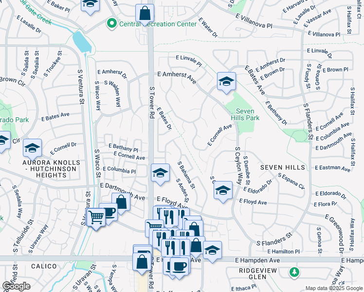 map of restaurants, bars, coffee shops, grocery stores, and more near 3022 South Biscay Circle in Aurora