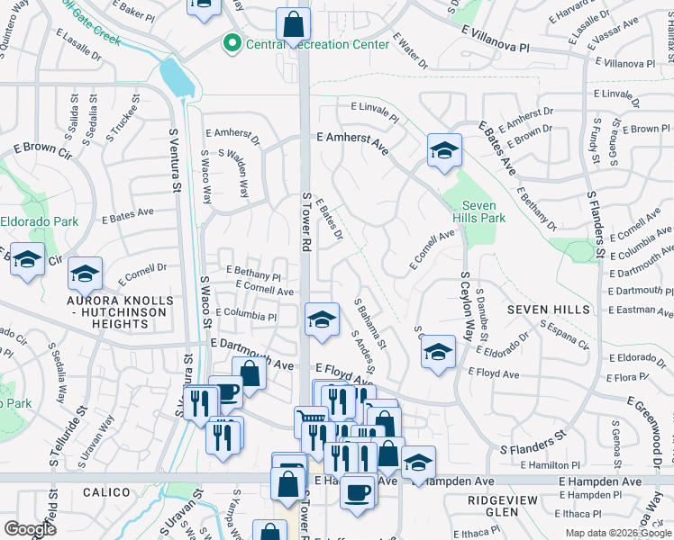 map of restaurants, bars, coffee shops, grocery stores, and more near 18642 East Columbia Place in Aurora
