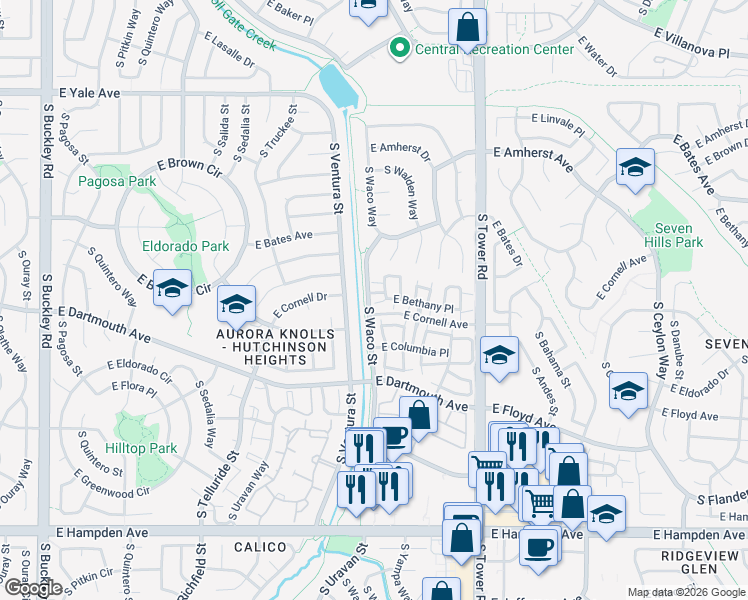 map of restaurants, bars, coffee shops, grocery stores, and more near 18155 East Cornell Place in Aurora