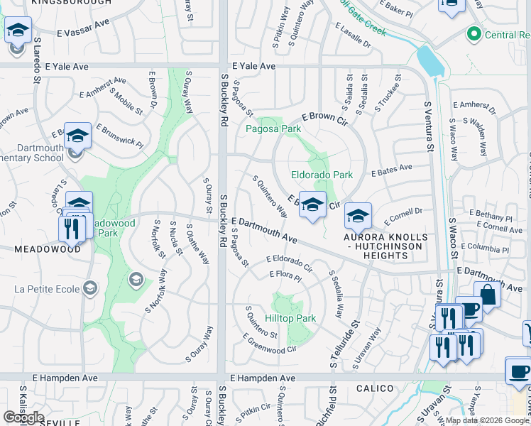 map of restaurants, bars, coffee shops, grocery stores, and more near 3099 South Quintero Street in Aurora