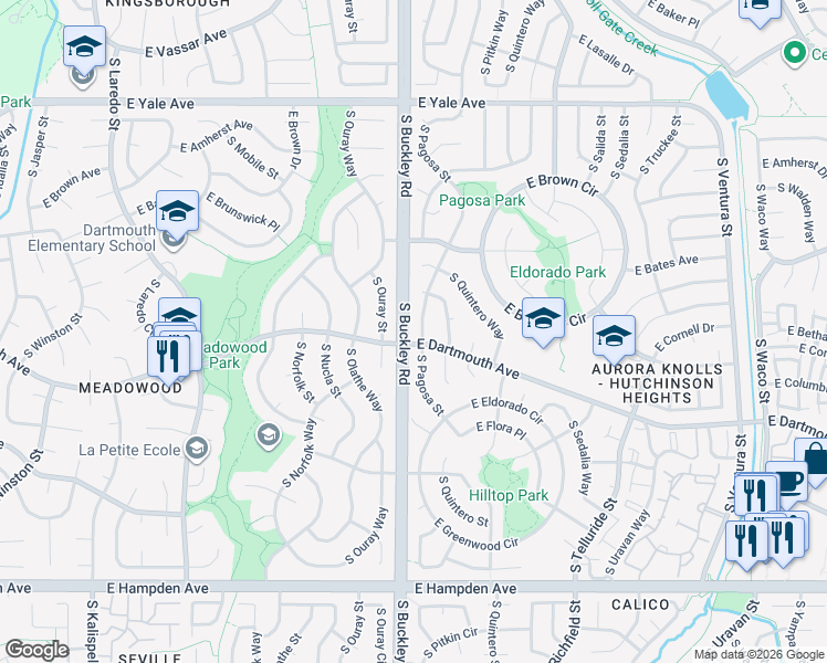map of restaurants, bars, coffee shops, grocery stores, and more near 3110 South Pagosa Street in Aurora