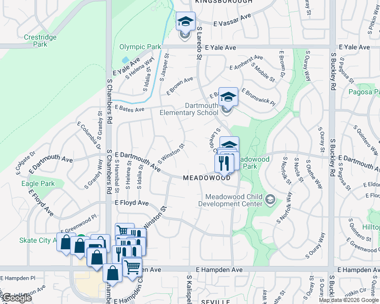 map of restaurants, bars, coffee shops, grocery stores, and more near 3101 South Joplin Court in Aurora