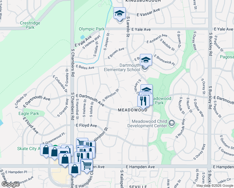 map of restaurants, bars, coffee shops, grocery stores, and more near 3101 South Joplin Court in Aurora