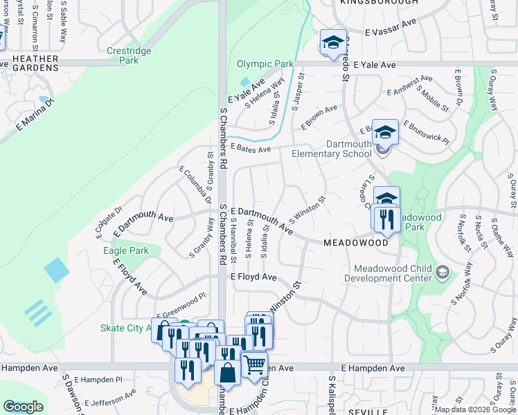 map of restaurants, bars, coffee shops, grocery stores, and more near 3114 South Helena Street in Aurora