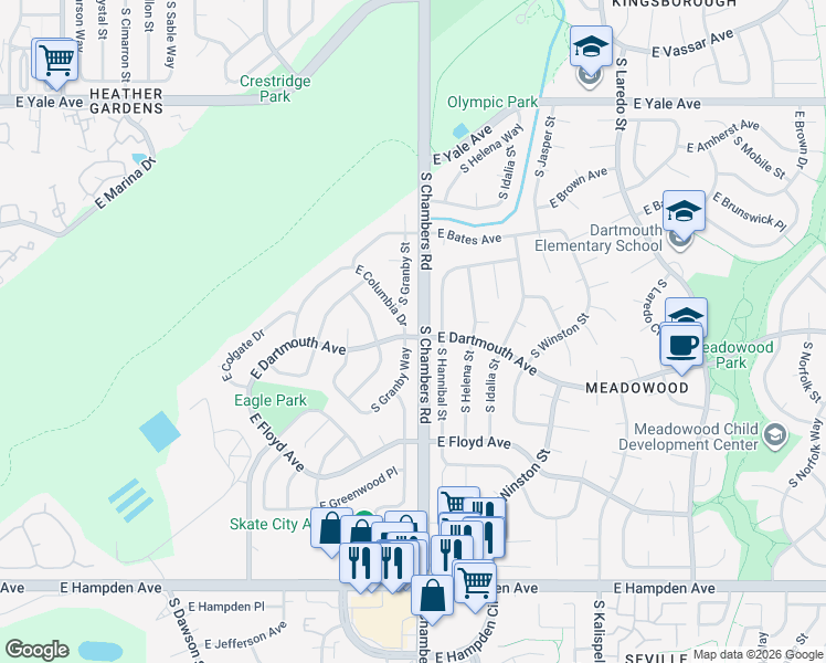 map of restaurants, bars, coffee shops, grocery stores, and more near 3117 South Granby Way in Aurora