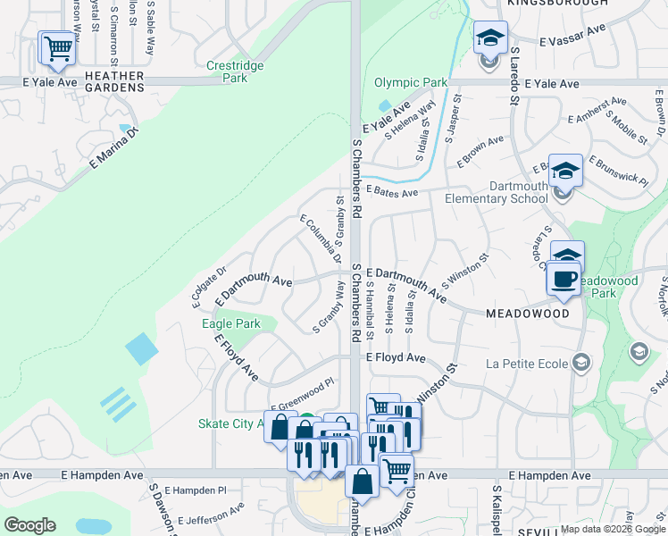 map of restaurants, bars, coffee shops, grocery stores, and more near 3117 South Granby Way in Aurora