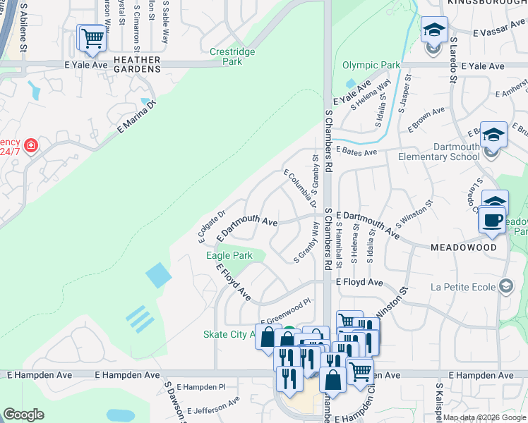 map of restaurants, bars, coffee shops, grocery stores, and more near 3102 South Evanston Way in Aurora