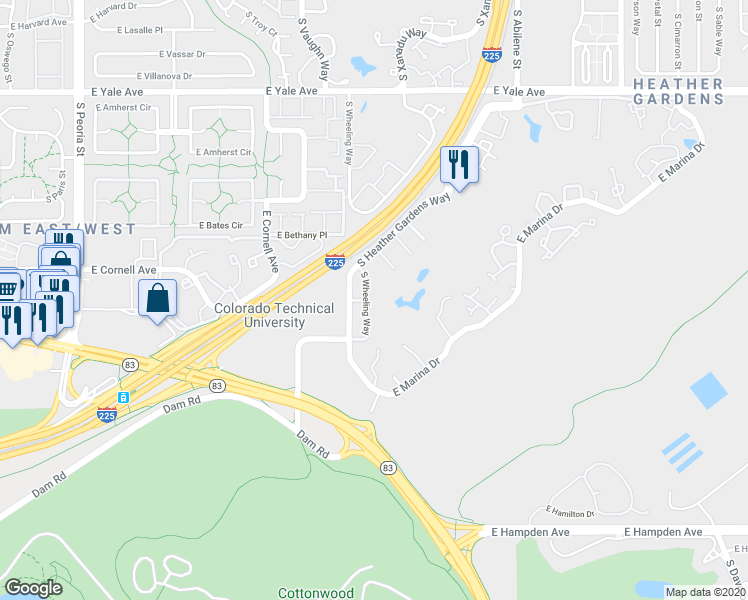 map of restaurants, bars, coffee shops, grocery stores, and more near 3144 South Wheeling Way in Aurora