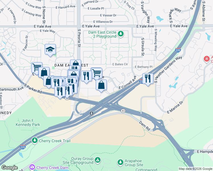 map of restaurants, bars, coffee shops, grocery stores, and more near 12544 East Cornell Avenue in Aurora