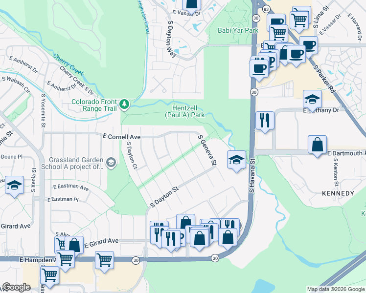 map of restaurants, bars, coffee shops, grocery stores, and more near Hampden Heights Trail in Denver