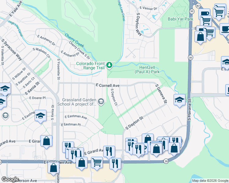 map of restaurants, bars, coffee shops, grocery stores, and more near 3119 South Dayton Court in Denver