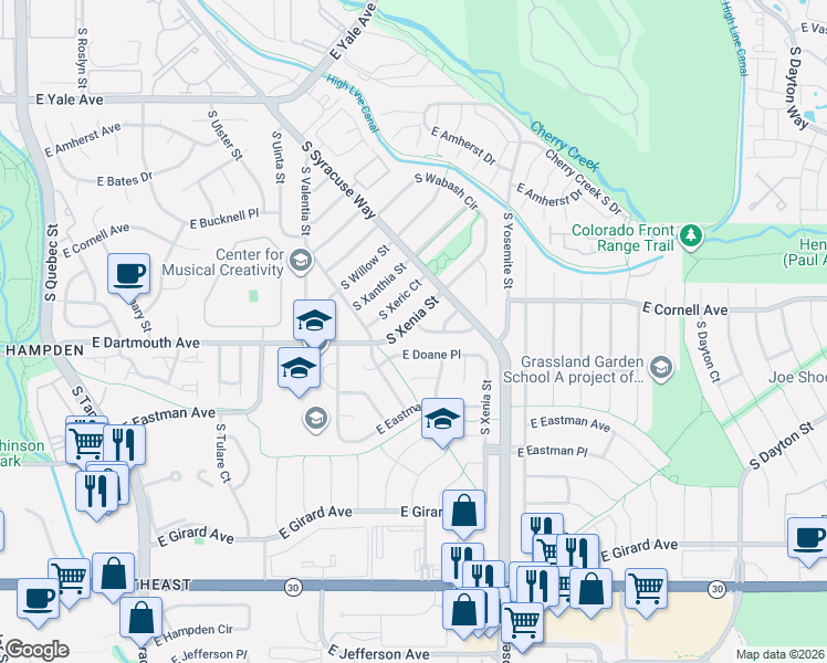 map of restaurants, bars, coffee shops, grocery stores, and more near 8663 East Doane Place in Denver