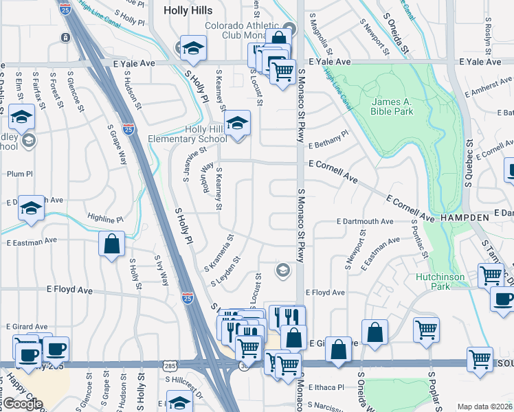 map of restaurants, bars, coffee shops, grocery stores, and more near 3131 South Leyden Street in Denver