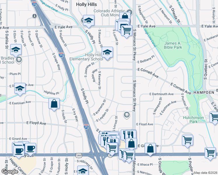 map of restaurants, bars, coffee shops, grocery stores, and more near 3131 South Leyden Street in Denver