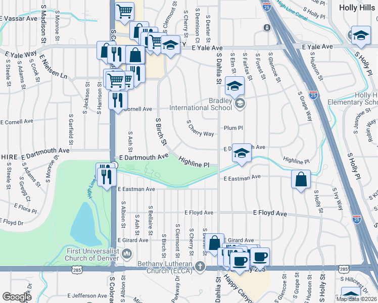 map of restaurants, bars, coffee shops, grocery stores, and more near 4585 Highline Place in Denver