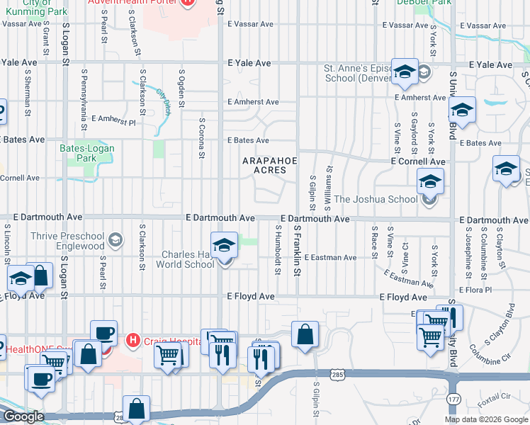 map of restaurants, bars, coffee shops, grocery stores, and more near 3125 South Lafayette Street in Englewood