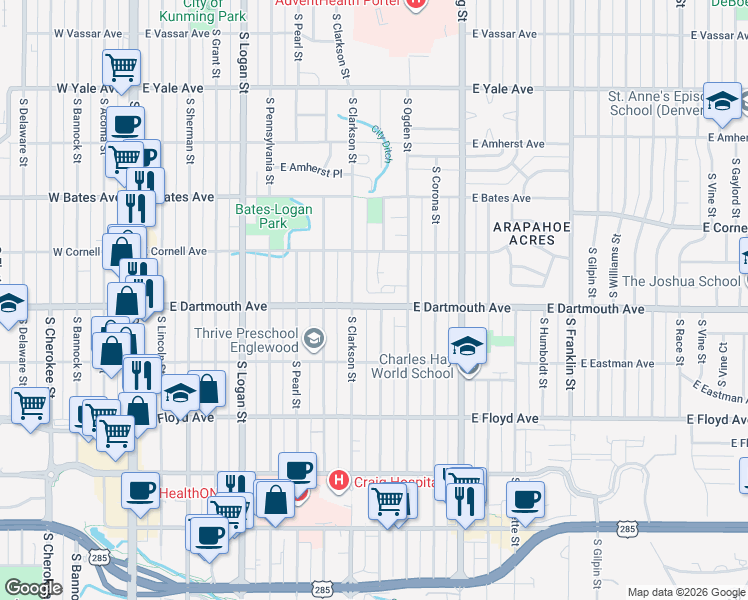 map of restaurants, bars, coffee shops, grocery stores, and more near 3117 South Emerson Street in Englewood