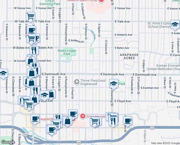 map of restaurants, bars, coffee shops, grocery stores, and more near 3117 South Emerson Street in Englewood