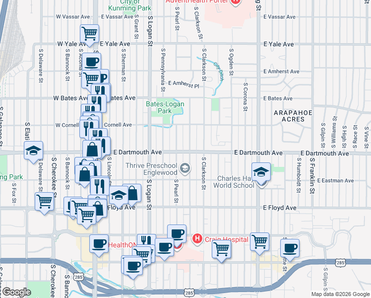 map of restaurants, bars, coffee shops, grocery stores, and more near 3120 South Pearl Street in Englewood