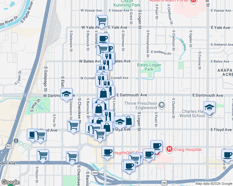 map of restaurants, bars, coffee shops, grocery stores, and more near 3111 South Lincoln Street in Englewood