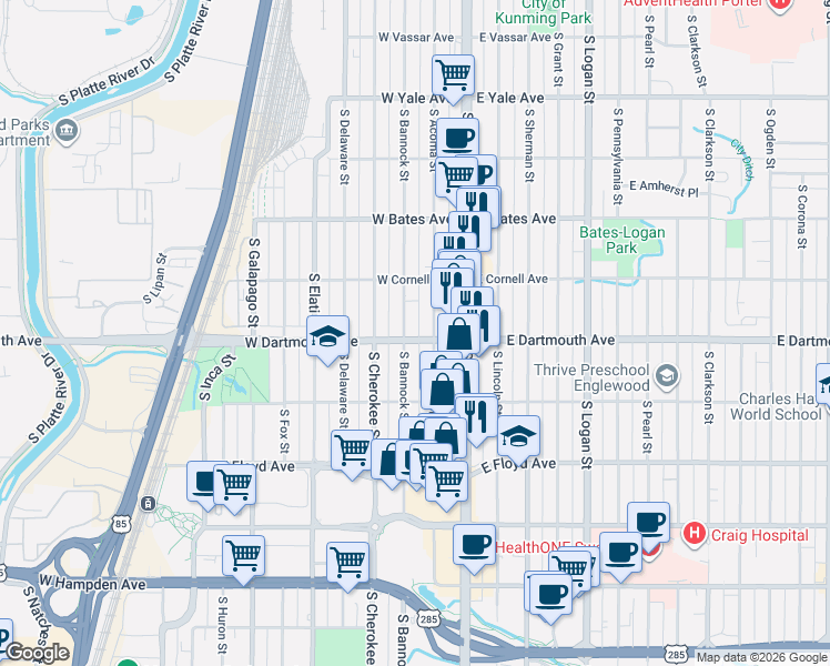 map of restaurants, bars, coffee shops, grocery stores, and more near 3120 South Bannock Street in Englewood