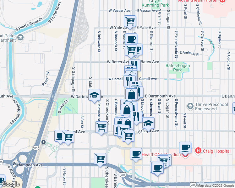 map of restaurants, bars, coffee shops, grocery stores, and more near 3120 South Bannock Street in Englewood