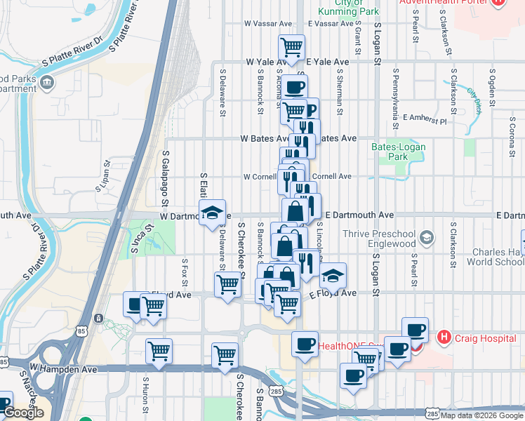 map of restaurants, bars, coffee shops, grocery stores, and more near 3120 South Bannock Street in Englewood